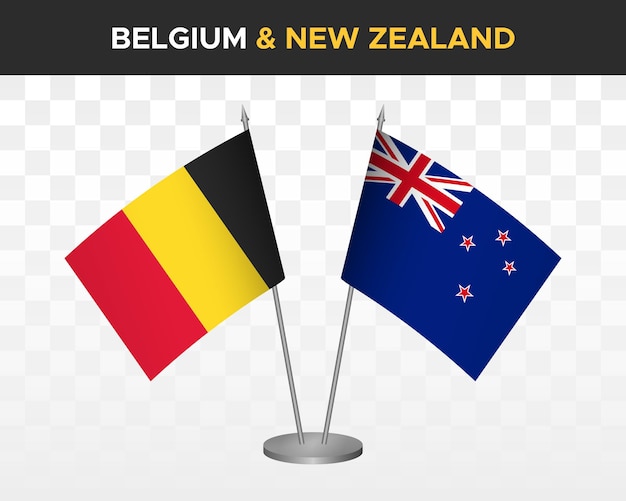 Belgium vs new zealand desk flags mockup isolated 3d vector illustration table flags