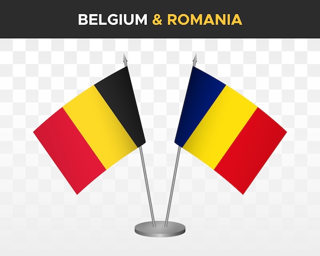 Belgium vs romania desk flags mockup isolated 3d vector illustration table flags