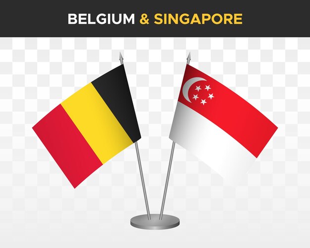 Belgium vs singapore desk flags mockup isolated 3d vector illustration table flags