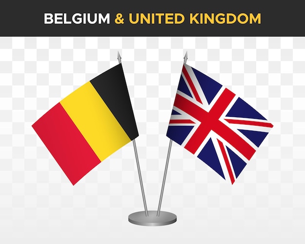 Belgium vs UK united kingdom britain desk flags mockup isolated 3d vector illustration table flags