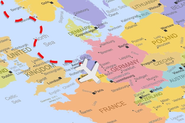 Vettore belgio con aereo e linea tratteggiata sulla mappa dell'europa, primo piano belgio, concetto di vacanza, volo