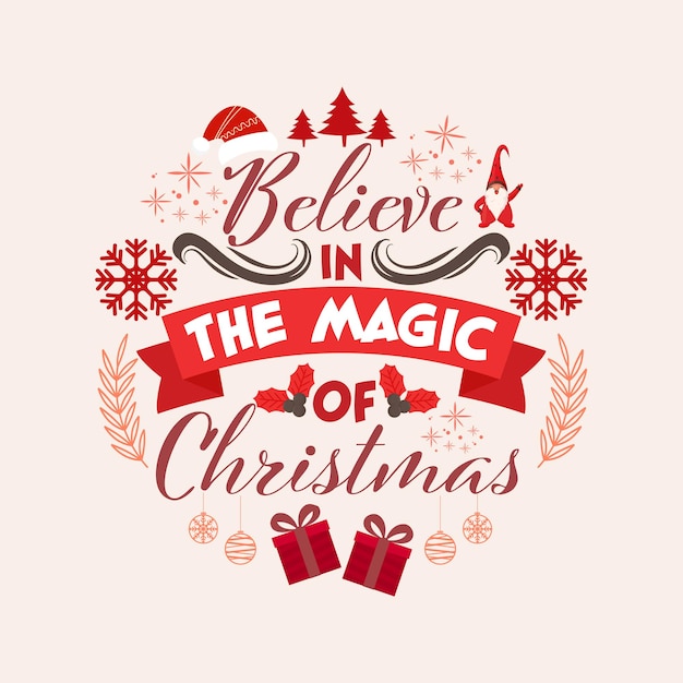 ベクトル クリスマスの魔法を信じて クリスマスの要素をベージュの背景に飾ったメッセージテキスト