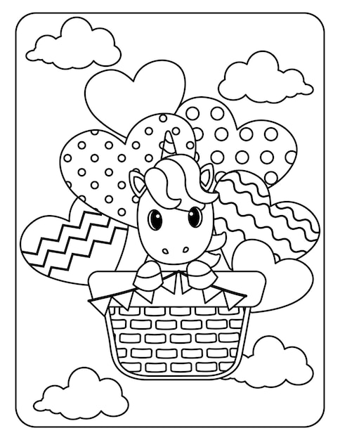 Believe in magic Beautiful unicorn with airship basket and heart Vector outline for coloring book