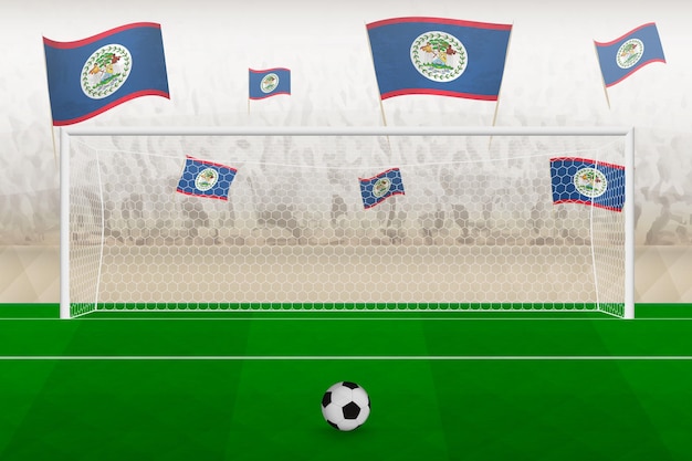 Belize football team fans with flags of Belize cheering on stadium penalty kick concept in a soccer match