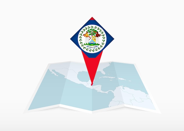 Belize is depicted on a folded paper map and pinned location marker with flag of Belize