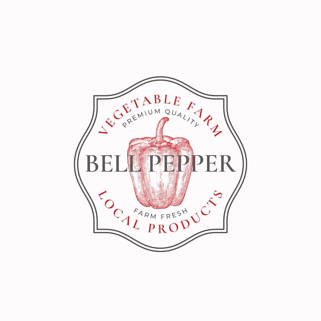 Vector bell pepper frame badge or logo template hand drawn red vegetable sketch with retro typography and borders vintage premium emblem isolated