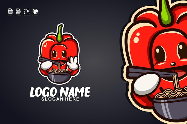 Il peperone sta mangiando ramen simpatico personaggio mascotte logo design