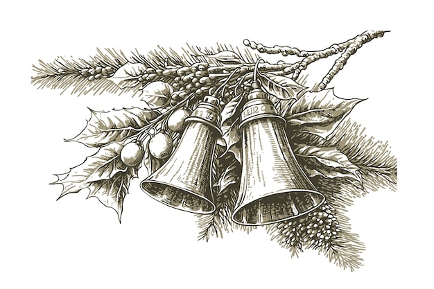 Bell on a pine branch Black color in sketch style Vector illustration