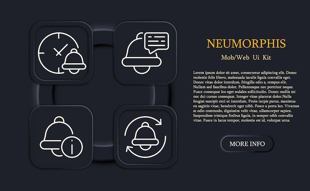 벨 설정 아이콘 알람 시계 알림 파일 이벤트 일정 설정 알림 벨소리 시계 재설정 시간 관리 시간 엄수 개념 비즈니스를 위한 네오모피즘 스타일 벡터 라인 아이콘