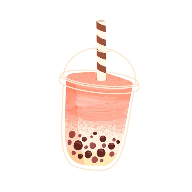 Bellenmelkthee in afhaalglas met rietje. Aziatische boba drank met fruitsmaak. Koude cocktail, smoothie. Melkachtige bubbletea. Tapioca-drank. Platte vectorillustratie geïsoleerd op een witte achtergrond