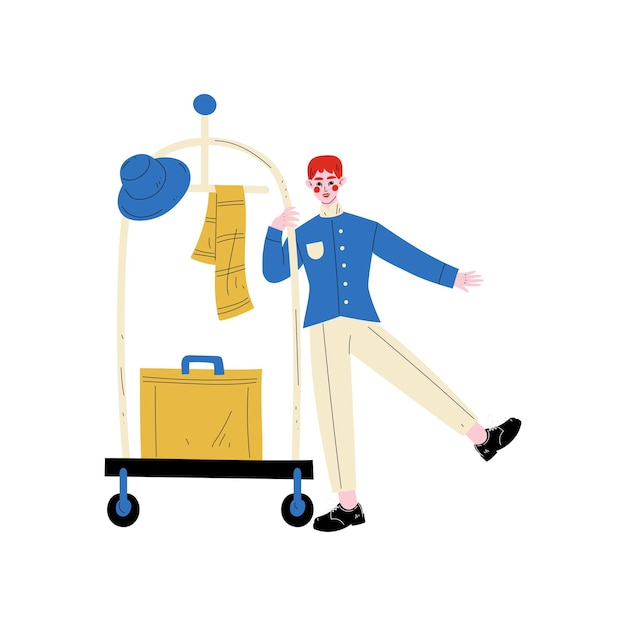 Bellhop bellboy or bellman with luggage cart with suitcase hotel staff character in blue uniform