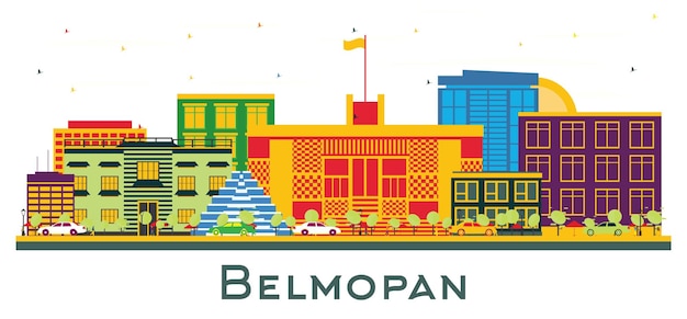 흰색 벡터 일러스트 레이 션에 고립 된 색상 건물이 있는 벨모판 시 스카이라인 현대 건축을 이용한 비즈니스 여행 및 관광 개념 랜드마크가 있는 벨모판 도시 풍경