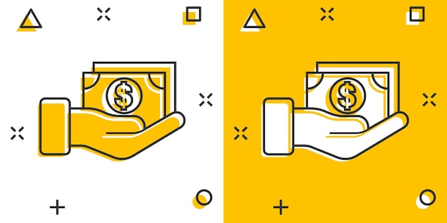 Beloning pictogram in komische stijl Geld in de hand cartoon vectorillustratie op witte geïsoleerde achtergrond Bankbiljet loonlijst splash effect bedrijfsconcept