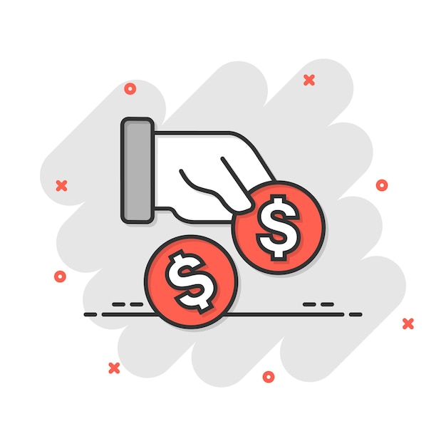 Beloning pictogram in komische stijl geld in de hand cartoon vectorillustratie op witte geïsoleerde achtergrond munt loonlijst splash effect bedrijfsconcept
