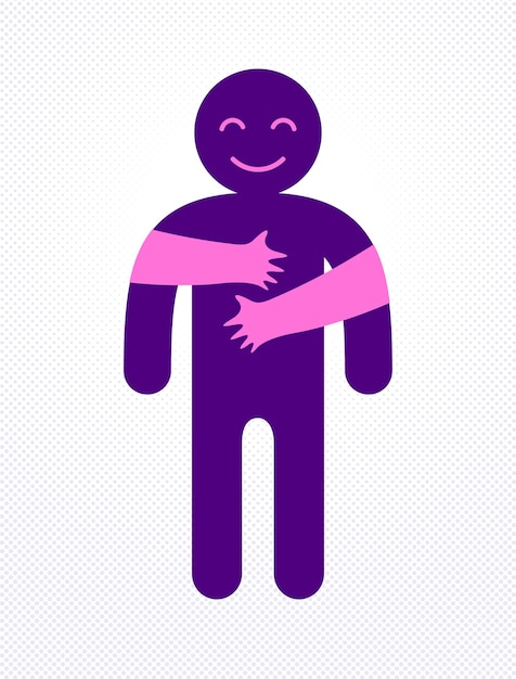 Beloved man with care hands of a lover woman hugging and caresses his chest, vector icon logo or illustration in simplistic symbolic style.