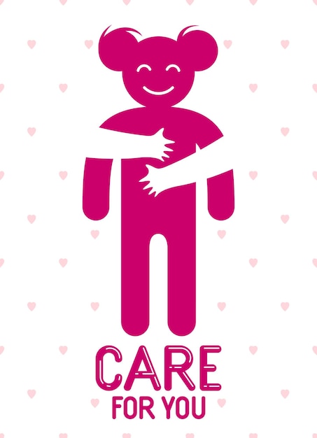 Vector beloved woman with care hands of a lover or friend hugging her around from behind, vector icon logo or illustration in simplistic symbolic style.