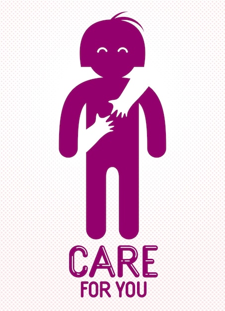 Beloved woman with care hands of a lover or friend hugging her around from behind vector icon logo or illustration in simplistic symbolic style