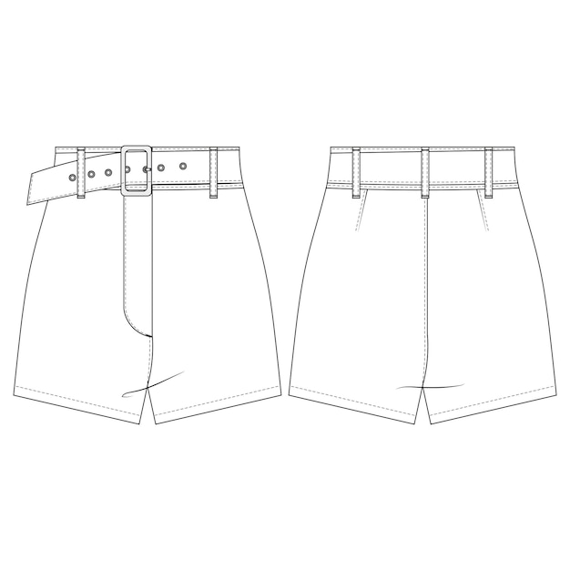 Vector belted mini tight short template technical drawing flat sketch cad mockup fashion woman design style