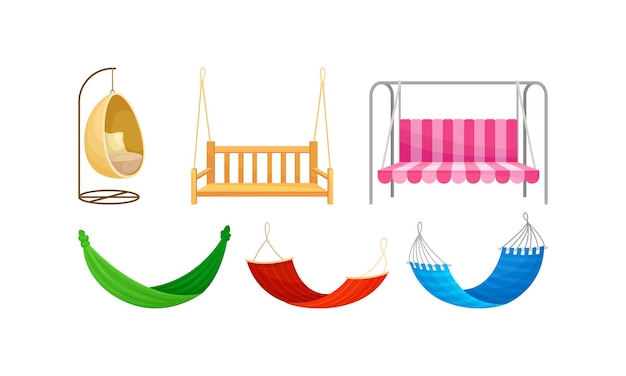 Vector bench swings and hammocks hanging on rope vector set