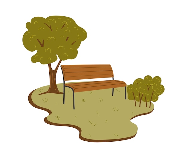 Скамейка с деревом в парке Векторная иллюстрация в плоском стиле, изолированная на белом