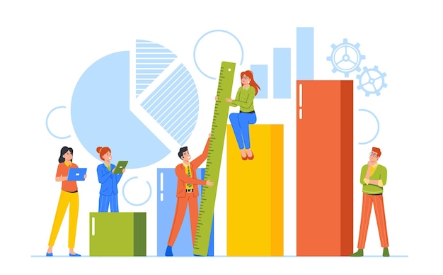 Vector benchmarking business development and improvement concept male and female characters at column chart or diagram