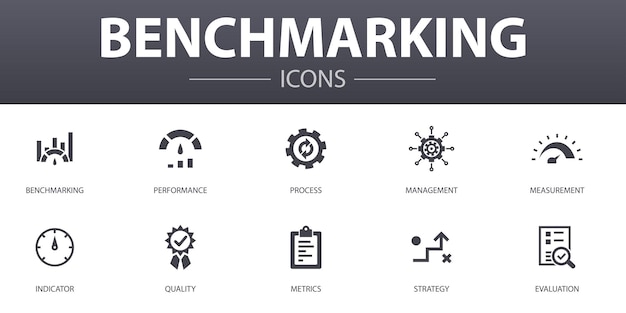 Benchmarking simple concept icons set. contains such icons as performance, process, management, indicator and more, can be used for web, logo, ui/ux