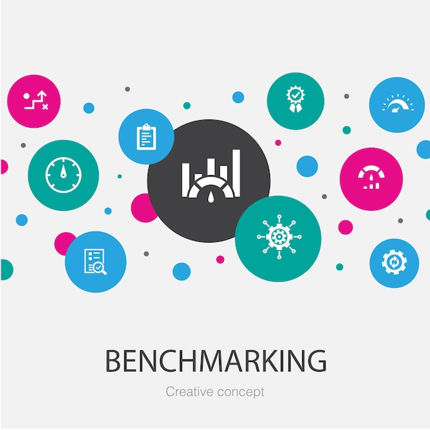 Benchmarking trendy cirkelsjabloon met eenvoudige pictogrammen. bevat elementen als proces, management, indicator