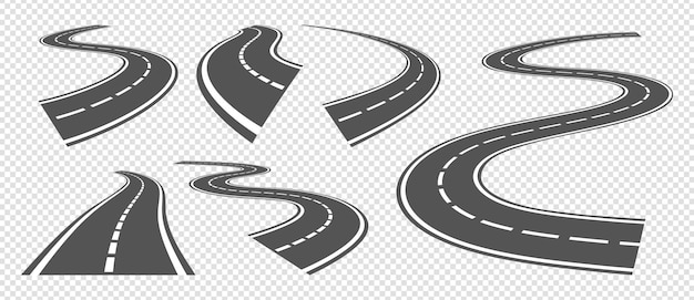 Strade in flessione. guida su strada asfaltata, autostrada curva o percorso di svolta. vector set prospettiva strade grigie. illustrazione percorso striscia, autostrada viaggio, avvolgimento speedway