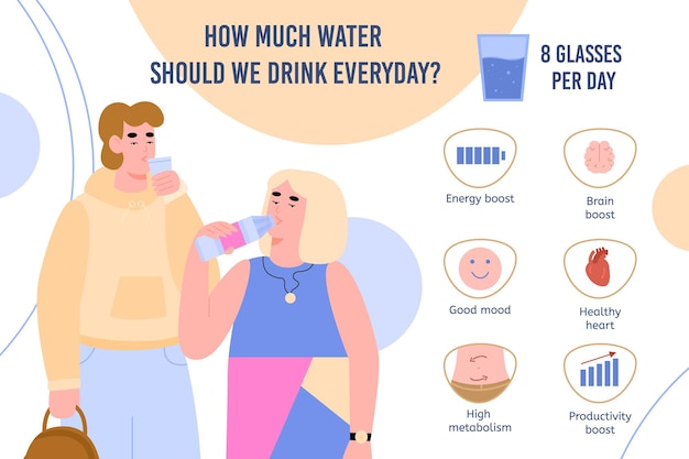 Benefit and amount of drinking water per day for people a vector banner