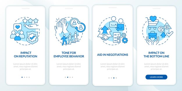 Benefits of business ethics blue onboarding mobile app screen