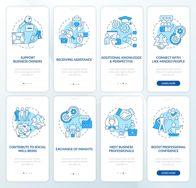 Benefits of business networking blue onboarding mobile app screen set