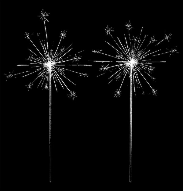 Vector bengal or indian light sparkler, bright sparks, bengal fire firework isolated on black. line art fireworks. vector illustration.