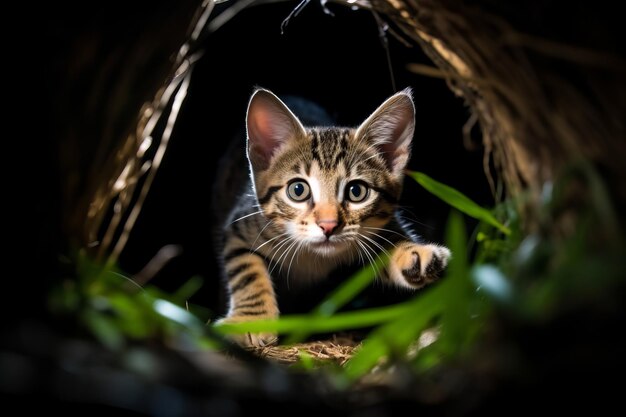 Vettore bengal kitten in a hole in the dark