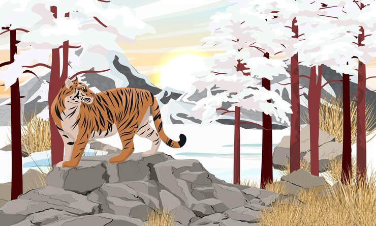 Vector bengal tiger stands in mountain valley in winter large stones dry grass and tall pine trees