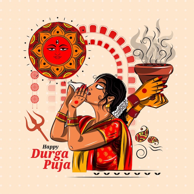 벡터 두르가 푸자(durga puja)에서 판달(pandal)을 축하하는 두르가 푸자(durga puja) 동안 소라 껍질을 불고 있는 벵골 여성