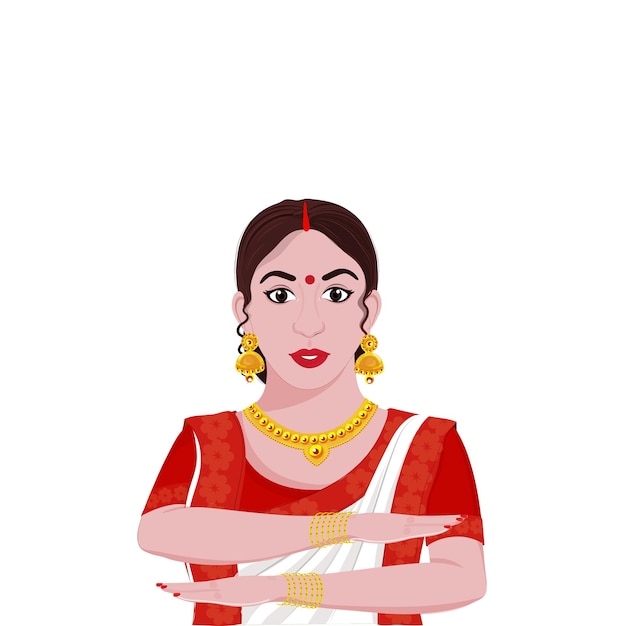 bengali woman making equality arm gesture in traditional attire