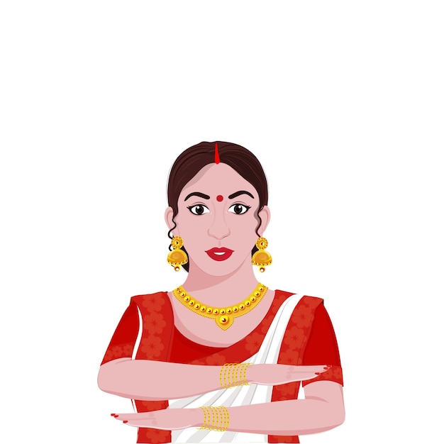 Bengali woman making equality arm gesture in traditional attire