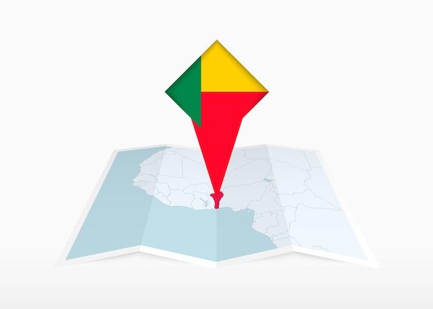 Benin is depicted on a folded paper map and pinned location marker with flag of Benin.