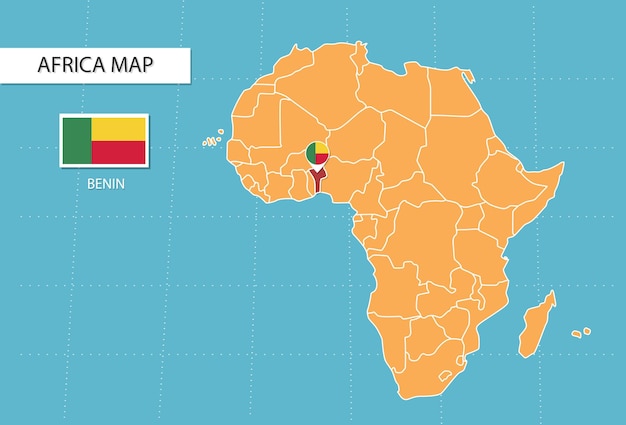 Benin map in Africa, icons showing Benin location and flags.