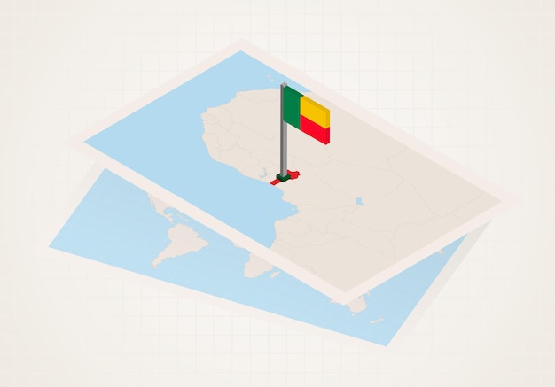 Vector benin selected on map with 3d flag of benin