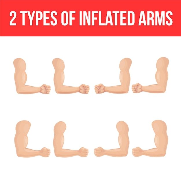 Vector bent arm muscle in cartoon style. hand gesture set from two sides.