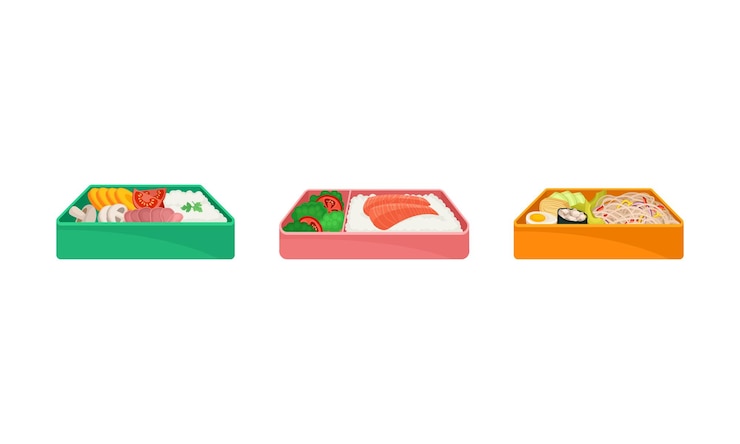 Vector 벤토 박스 (bento box) 는 일본식 단일 포션 테이크아웃 또는 홈 패키지 식사 터 세트입니다.