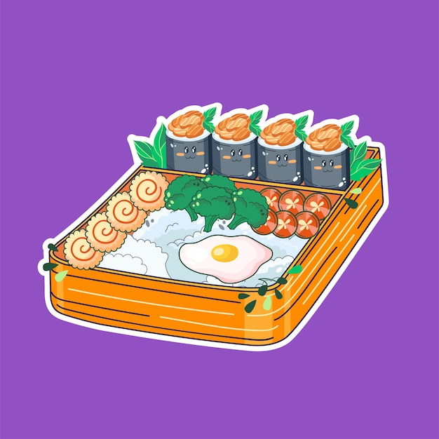 Vector bento box in kawaii style cute colorful illustration japanese food in a lunch box anime and chibi