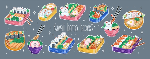 Bento boxes and bowls in Kawaii style Japanese food in lunch boxes Anime