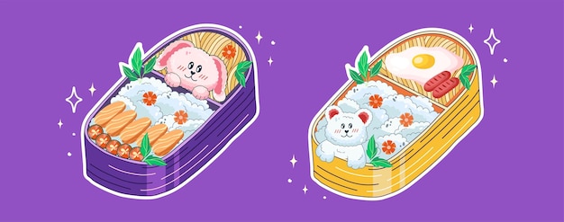 Premium Vector  Bento boxes in kawaii style cute colorful illustration of  japanese food in lunch boxes anime