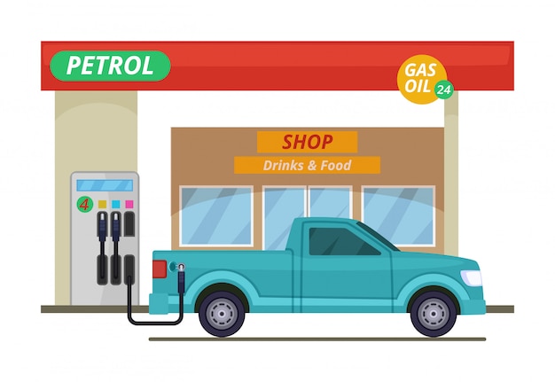 Benzine- of dieselstation. Vectorillustraties in cartoon stijl
