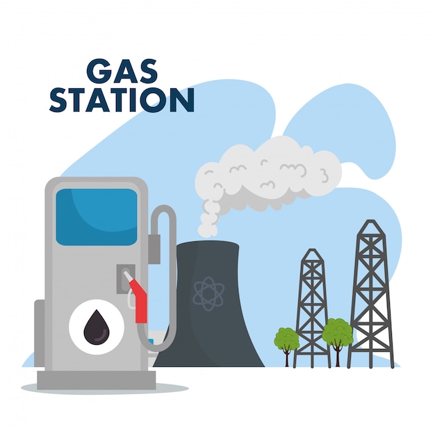 Vector benzinestation en raffinaderij vector de illustratieontwerp van de schoorsteenscène