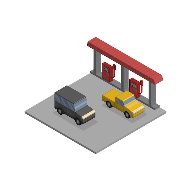 benzinestation met auto's isometrisch vectorpictogram