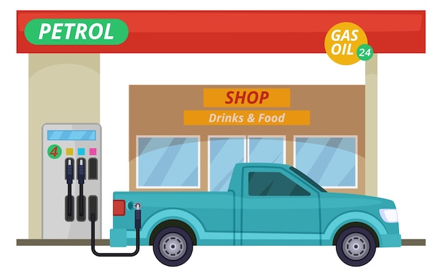 Benzinestation met winkelgevel en auto tanken met benzine geïsoleerd op een witte achtergrond