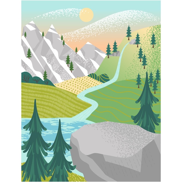 Berg en rivier vector landschap platte cartoon